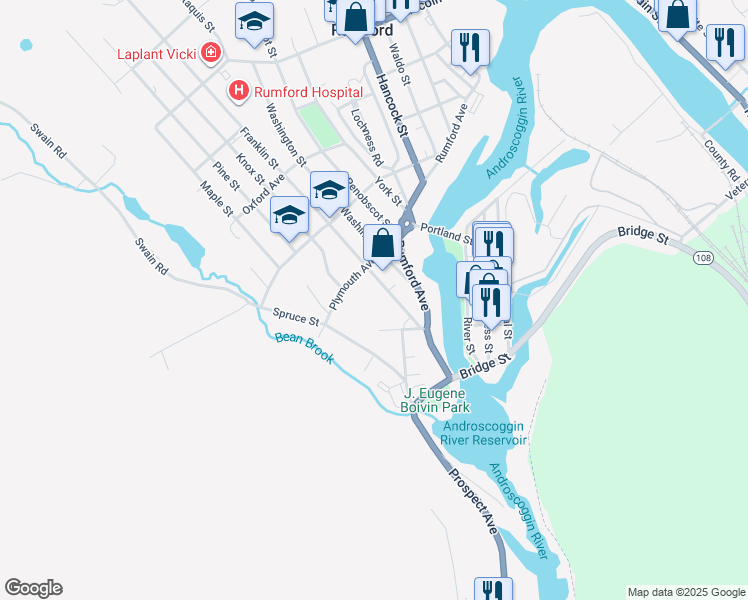 map of restaurants, bars, coffee shops, grocery stores, and more near 53 Franklin Street in Rumford