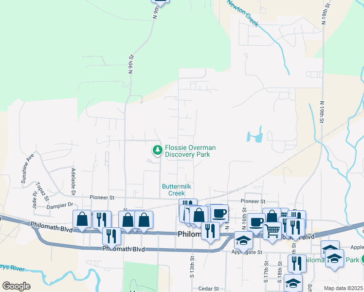 map of restaurants, bars, coffee shops, grocery stores, and more near 623 N 12th St in Philomath