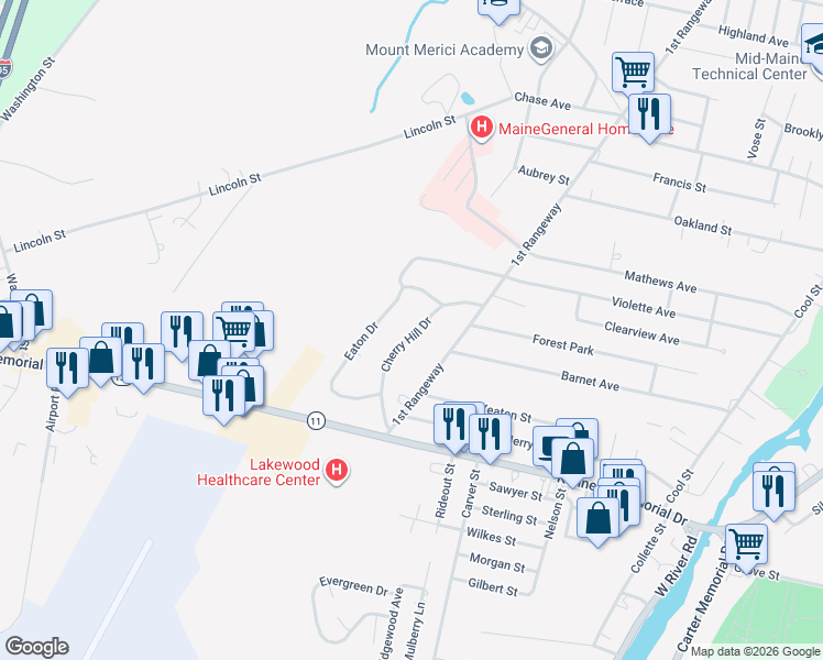map of restaurants, bars, coffee shops, grocery stores, and more near 12 Cherry Hill Drive in Waterville