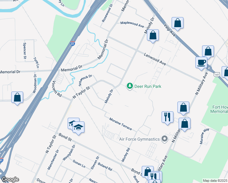 map of restaurants, bars, coffee shops, grocery stores, and more near 1086 Melody Drive in Green Bay