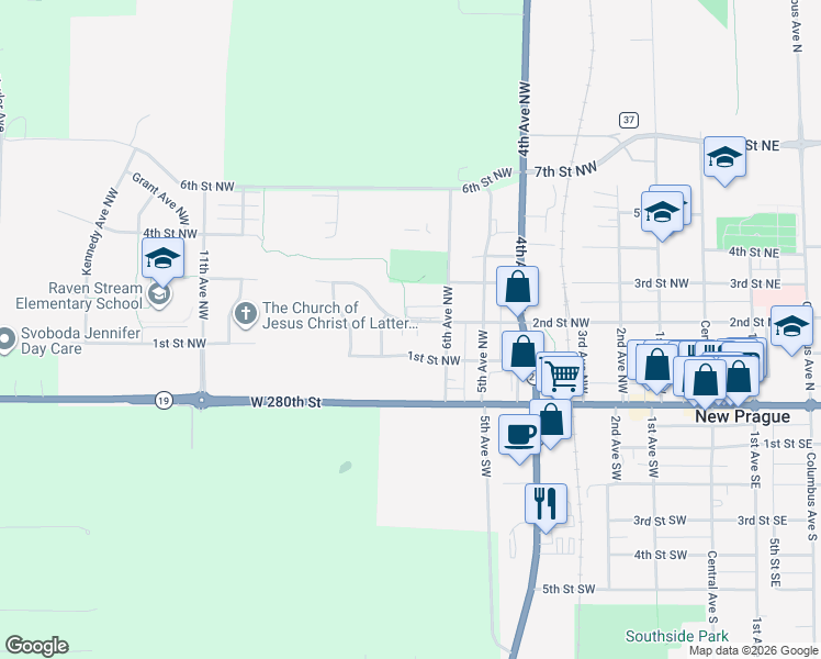 map of restaurants, bars, coffee shops, grocery stores, and more near 704 2nd Street Northwest in New Prague