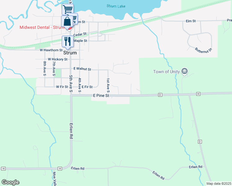 map of restaurants, bars, coffee shops, grocery stores, and more near 527 East Pine Street in Strum