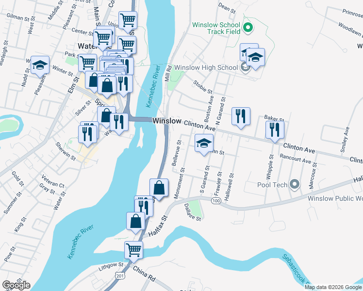 map of restaurants, bars, coffee shops, grocery stores, and more near 15 Monument Street in Winslow