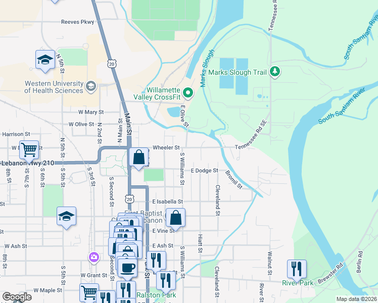 map of restaurants, bars, coffee shops, grocery stores, and more near 39 South Williams Street in Lebanon