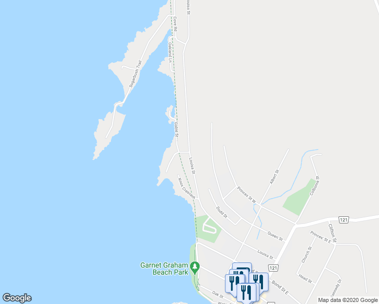 map of restaurants, bars, coffee shops, grocery stores, and more near Louisa Street in Kawartha Lakes