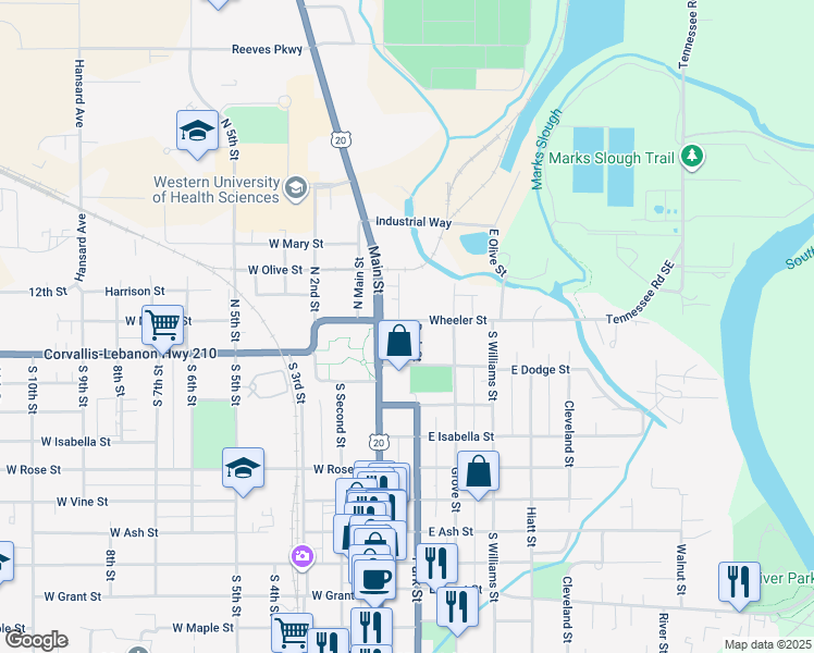 map of restaurants, bars, coffee shops, grocery stores, and more near 45 Park Street in Lebanon