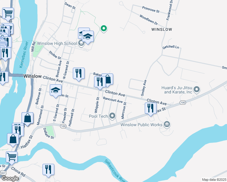 map of restaurants, bars, coffee shops, grocery stores, and more near 125 Clinton Avenue in Winslow