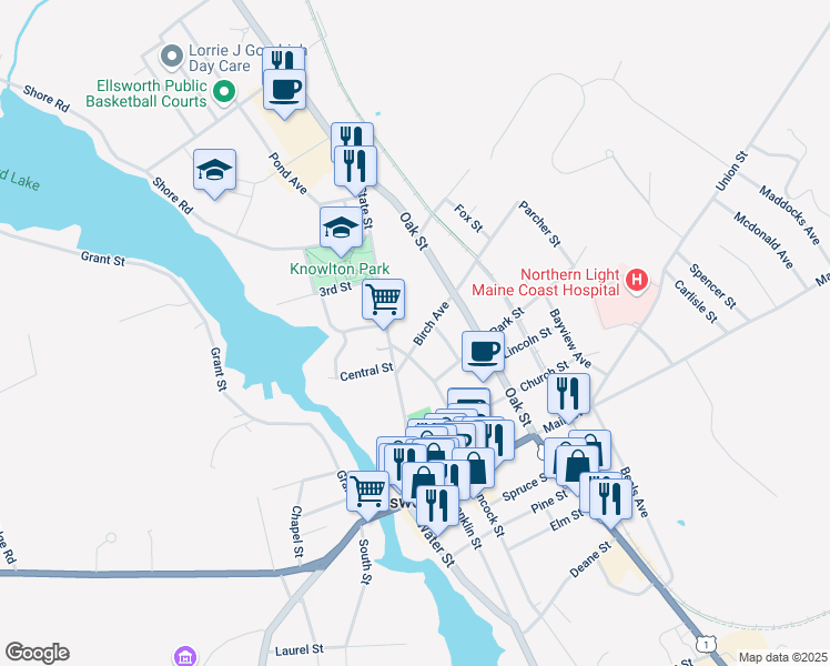 map of restaurants, bars, coffee shops, grocery stores, and more near 23 Birch Avenue in Ellsworth