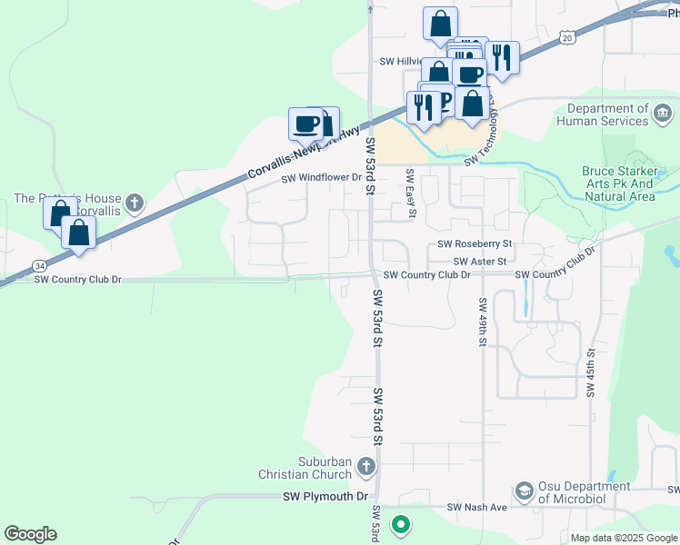 map of restaurants, bars, coffee shops, grocery stores, and more near 1900 Southwest Waverly Street in Corvallis