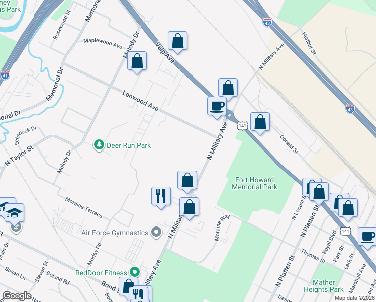 map of restaurants, bars, coffee shops, grocery stores, and more near 1135 North Military Avenue in Green Bay