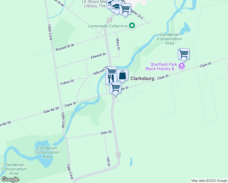 map of restaurants, bars, coffee shops, grocery stores, and more near 688583 Side Road 18 in The Blue Mountains