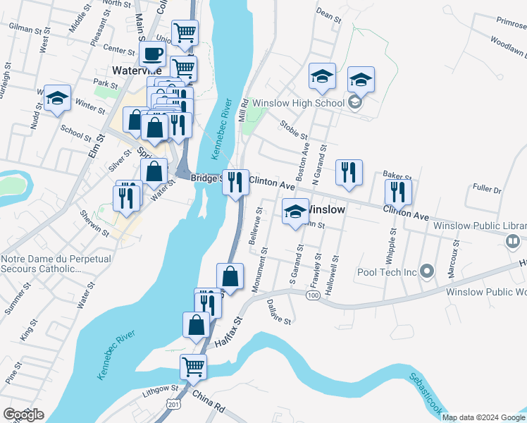 map of restaurants, bars, coffee shops, grocery stores, and more near 8 Bellevue Street in Waterville