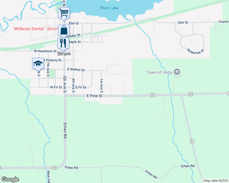 map of restaurants, bars, coffee shops, grocery stores, and more near 527 East Pine Street in Strum