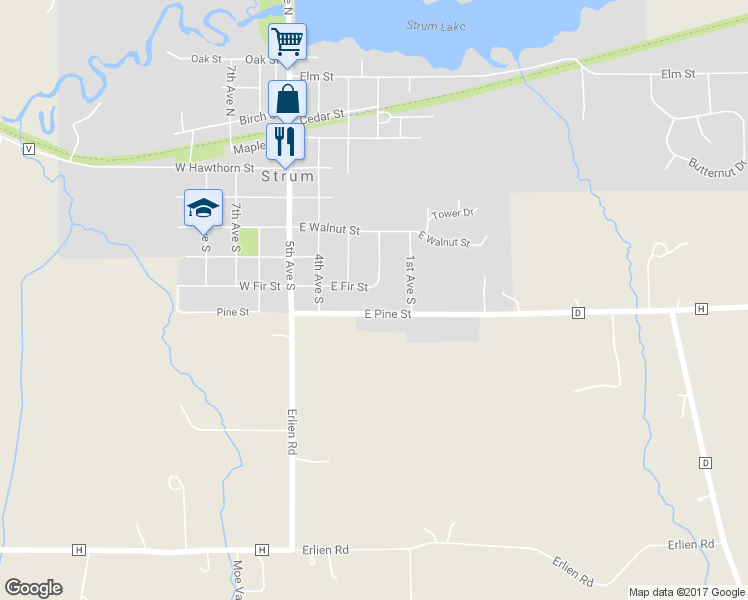 map of restaurants, bars, coffee shops, grocery stores, and more near 401 East Pine Street in Strum