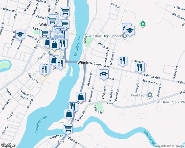 map of restaurants, bars, coffee shops, grocery stores, and more near 15 Monument Street in Winslow