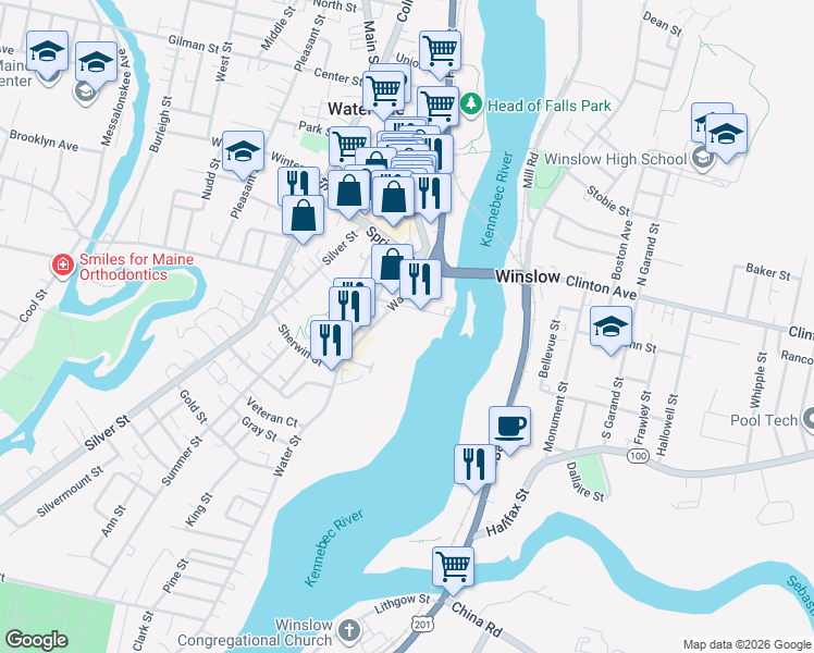 map of restaurants, bars, coffee shops, grocery stores, and more near 10 Water Street in Waterville
