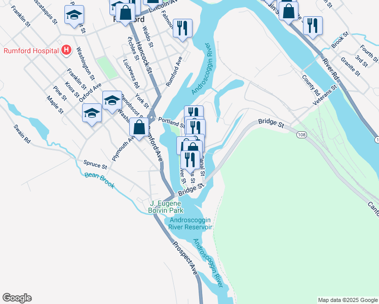 map of restaurants, bars, coffee shops, grocery stores, and more near 94 River Street in Rumford