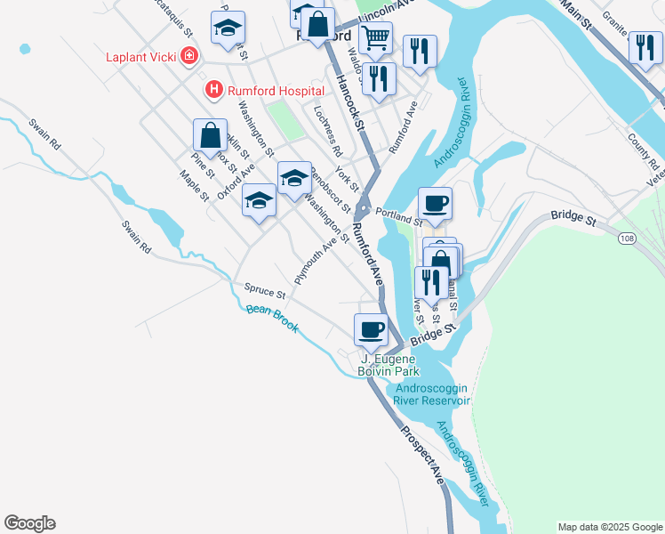 map of restaurants, bars, coffee shops, grocery stores, and more near 53 Franklin Street in Rumford