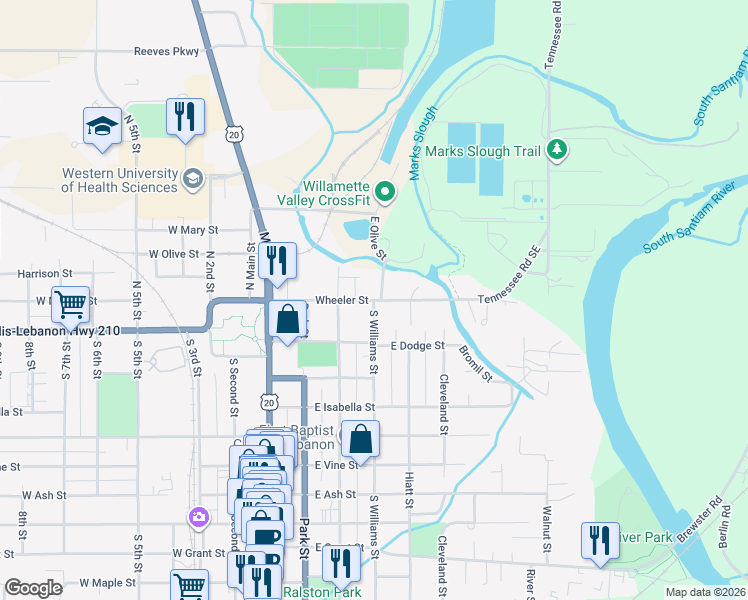 map of restaurants, bars, coffee shops, grocery stores, and more near Wheeler Street in Lebanon