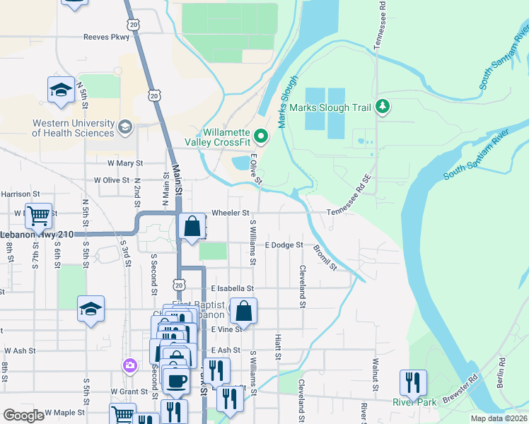 map of restaurants, bars, coffee shops, grocery stores, and more near 39 South Williams Street in Lebanon