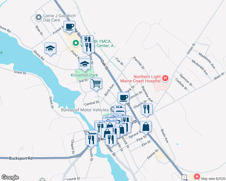 map of restaurants, bars, coffee shops, grocery stores, and more near 23 Birch Avenue in Ellsworth
