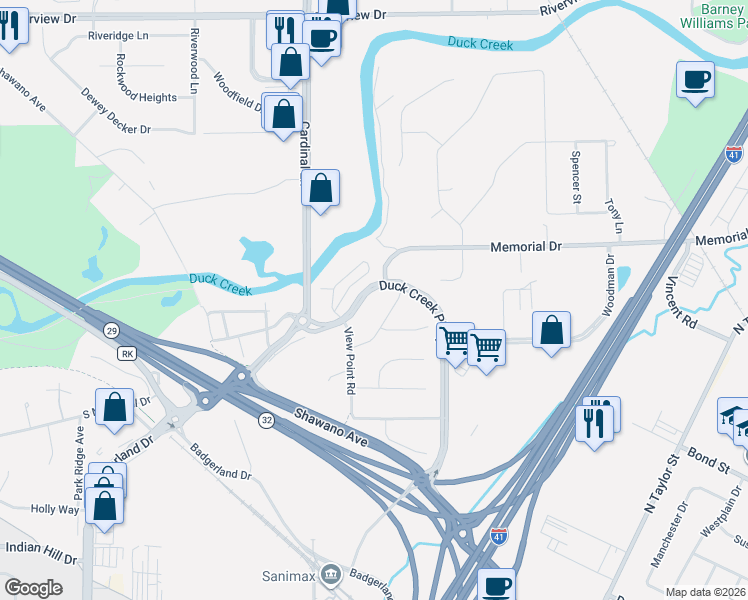 map of restaurants, bars, coffee shops, grocery stores, and more near 2459 Robin Lane in Green Bay