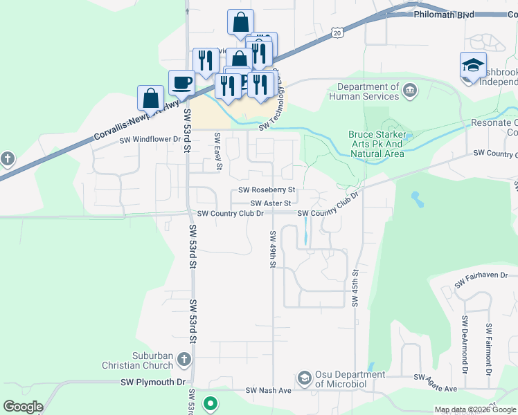 map of restaurants, bars, coffee shops, grocery stores, and more near 4926 Southwest Aster Street in Corvallis