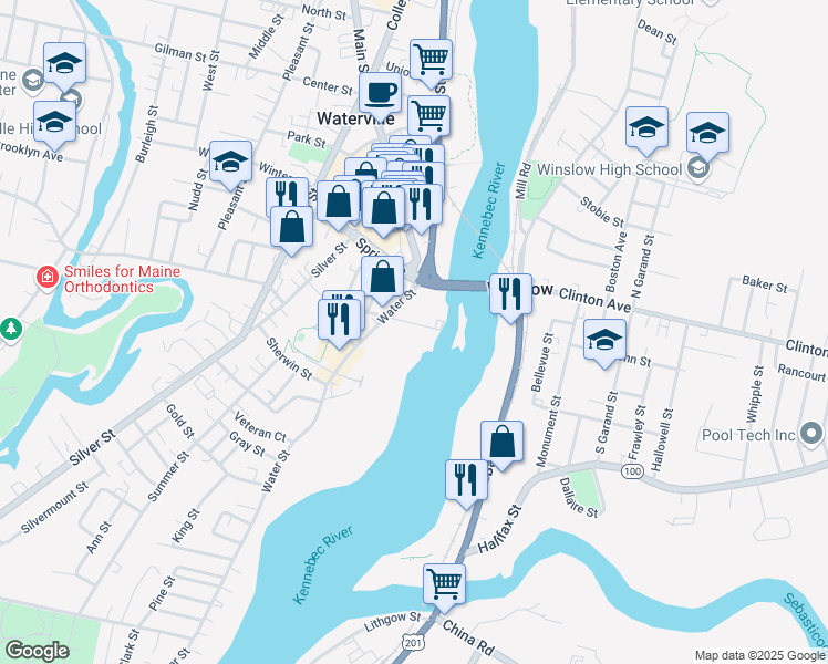 map of restaurants, bars, coffee shops, grocery stores, and more near 10 Water Street in Waterville
