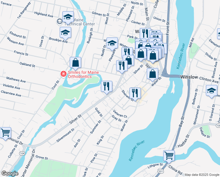 map of restaurants, bars, coffee shops, grocery stores, and more near 91 Silver Street in Waterville