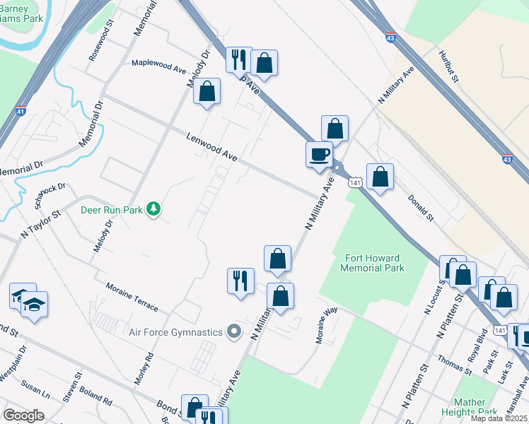 map of restaurants, bars, coffee shops, grocery stores, and more near 1135 North Military Avenue in Green Bay