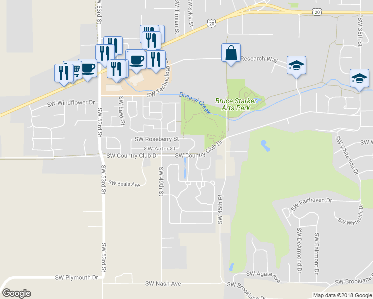 map of restaurants, bars, coffee shops, grocery stores, and more near 4718 Southwest Roseberry Street in Corvallis