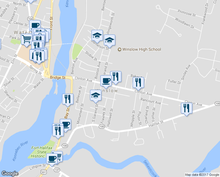 map of restaurants, bars, coffee shops, grocery stores, and more near 77 Clinton Avenue in Winslow