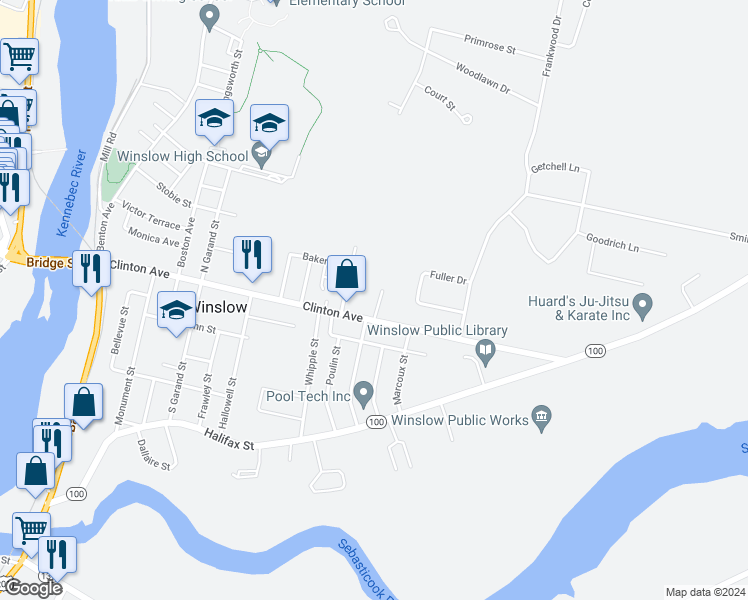 map of restaurants, bars, coffee shops, grocery stores, and more near 125 Clinton Avenue in Winslow