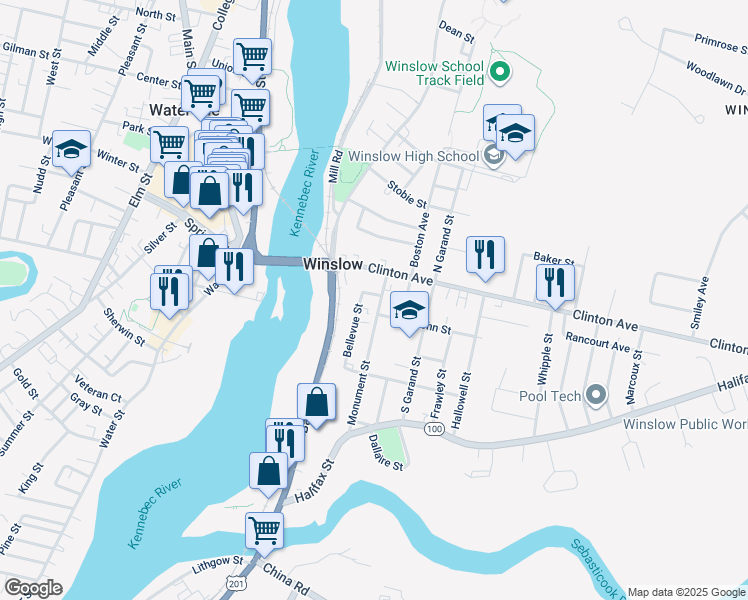 map of restaurants, bars, coffee shops, grocery stores, and more near 15 Monument Street in Winslow