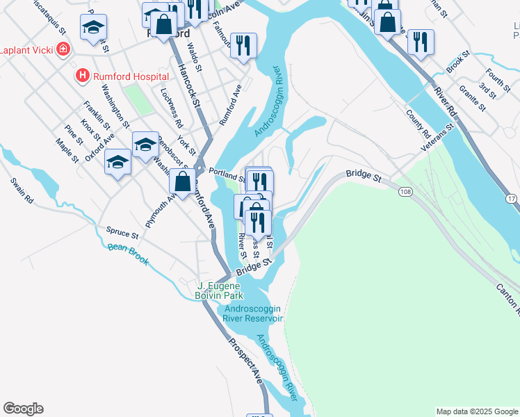 map of restaurants, bars, coffee shops, grocery stores, and more near 81 Canal Street in Rumford