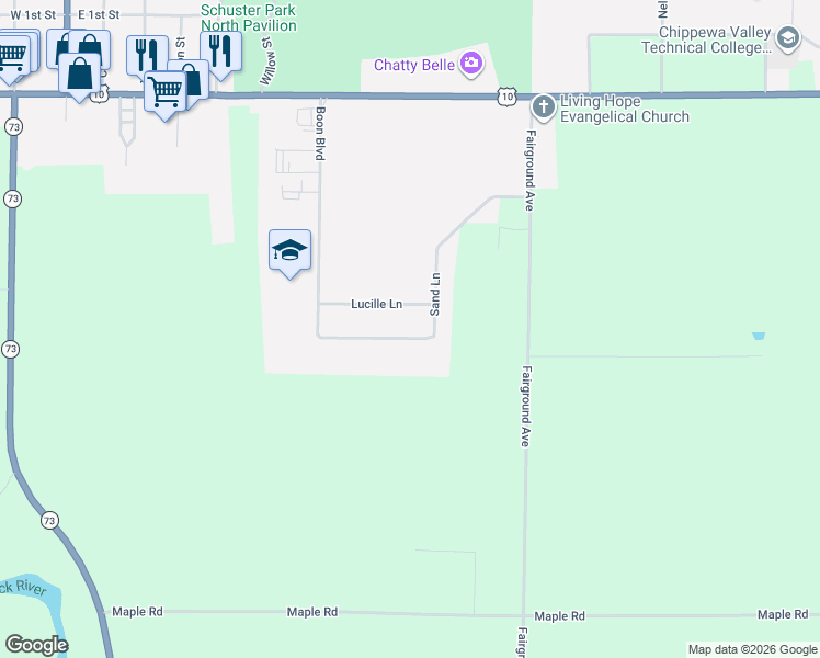 map of restaurants, bars, coffee shops, grocery stores, and more near 1022 Sand Lane in Neillsville