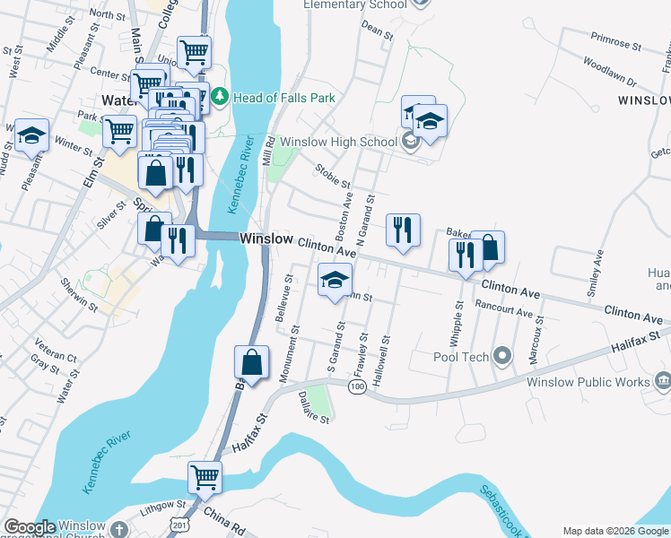 map of restaurants, bars, coffee shops, grocery stores, and more near 44 Clinton Avenue in Winslow