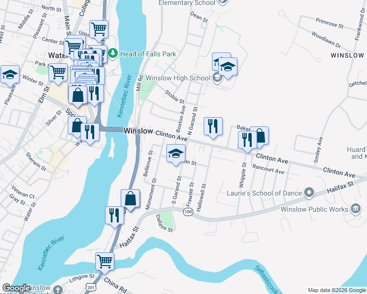 map of restaurants, bars, coffee shops, grocery stores, and more near 56 Clinton Avenue in Winslow