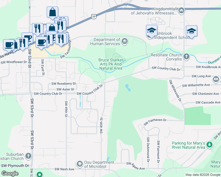 map of restaurants, bars, coffee shops, grocery stores, and more near 4420 Southwest Country Club Drive in Corvallis