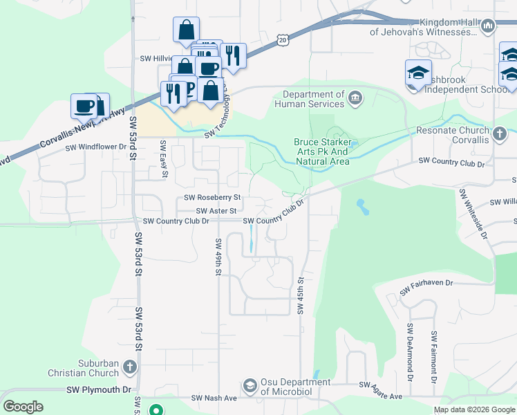 map of restaurants, bars, coffee shops, grocery stores, and more near 4839 Southwest Roseberry Street in Corvallis