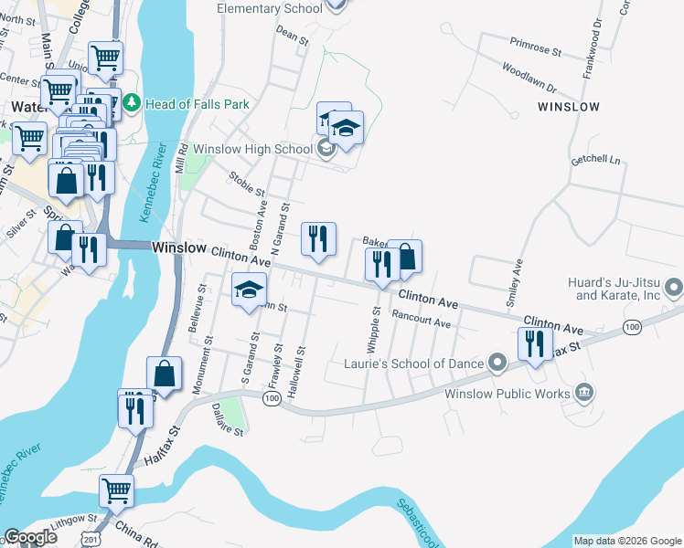 map of restaurants, bars, coffee shops, grocery stores, and more near 6 Kidder Street in Winslow