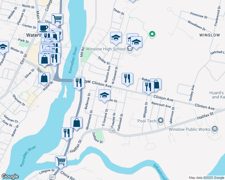 map of restaurants, bars, coffee shops, grocery stores, and more near 56 Clinton Avenue in Winslow