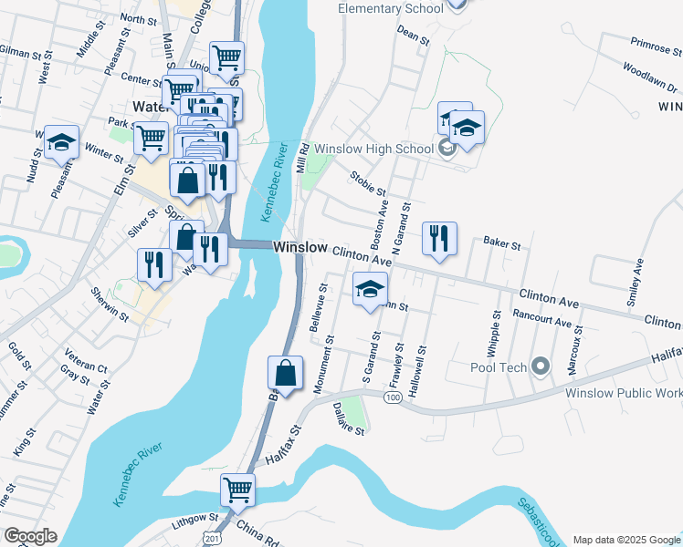 map of restaurants, bars, coffee shops, grocery stores, and more near 21 Clinton Avenue in Winslow