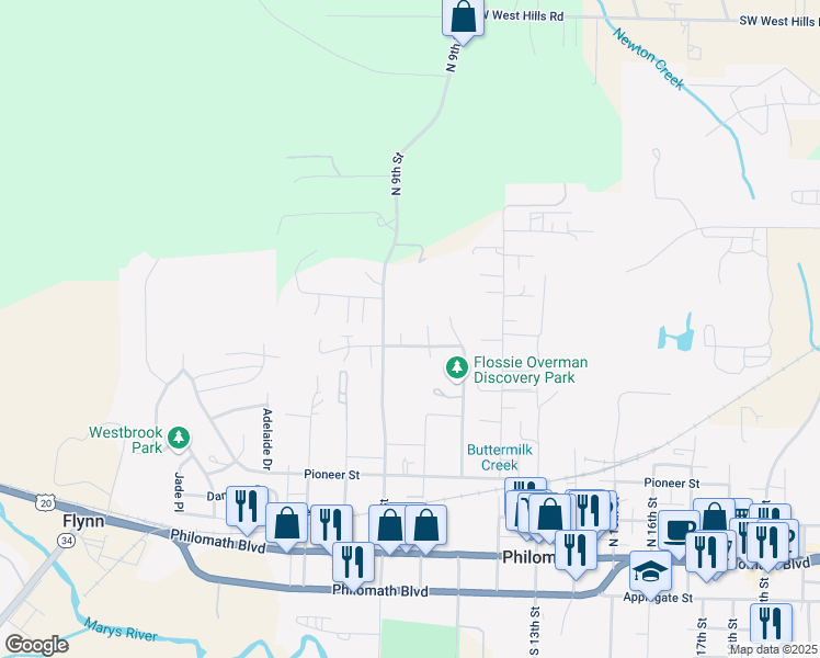 map of restaurants, bars, coffee shops, grocery stores, and more near 711 Bobwhite Place in Philomath