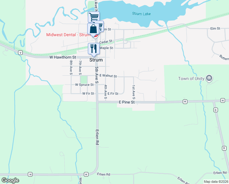 map of restaurants, bars, coffee shops, grocery stores, and more near 116 3rd Avenue South in Strum