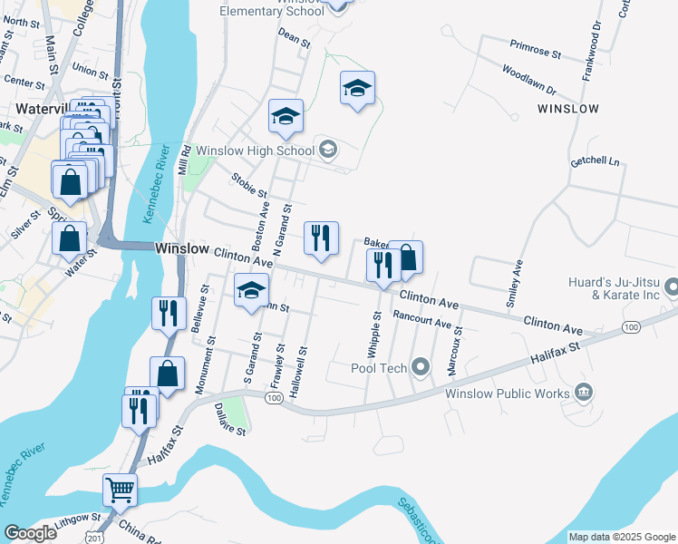 map of restaurants, bars, coffee shops, grocery stores, and more near 6 Kidder Street in Winslow