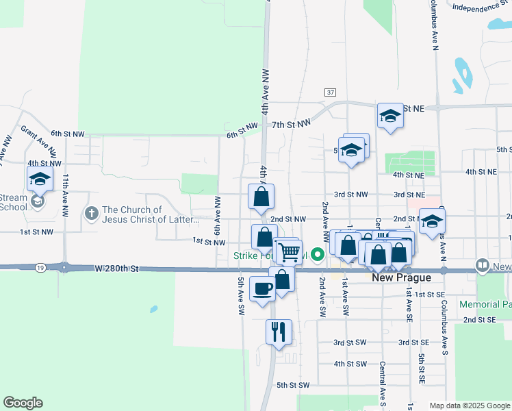 map of restaurants, bars, coffee shops, grocery stores, and more near 402 4th Avenue Northwest in New Prague