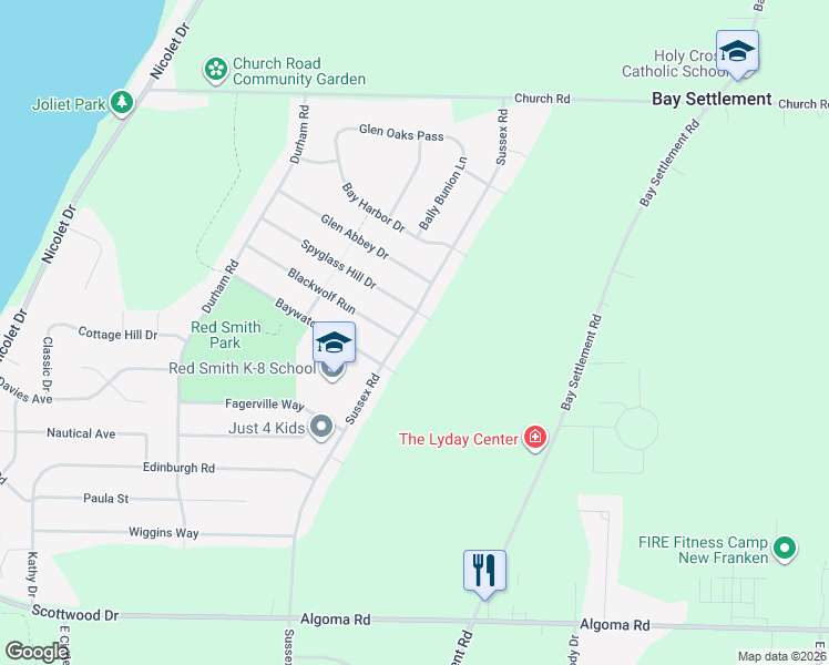 map of restaurants, bars, coffee shops, grocery stores, and more near 2840 Sussex Road in Green Bay