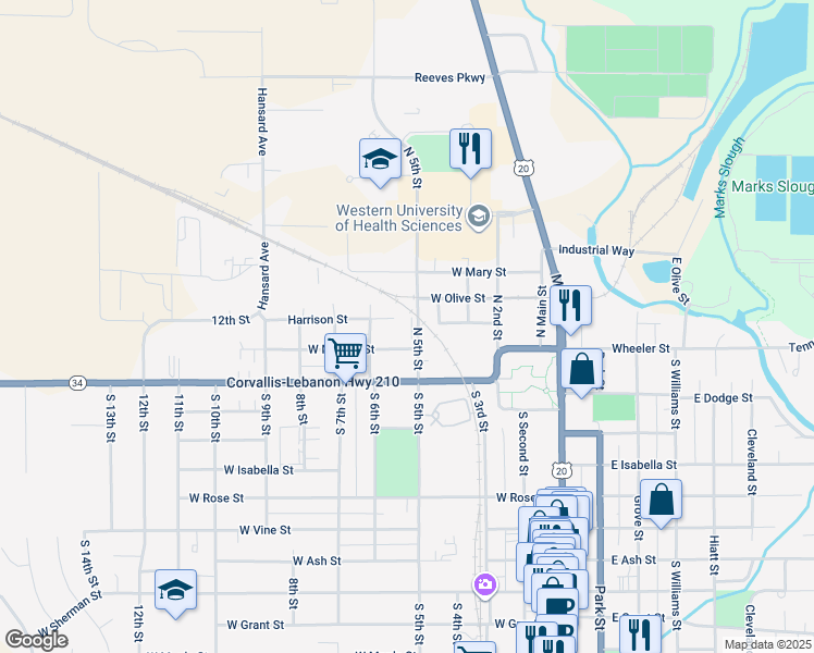 map of restaurants, bars, coffee shops, grocery stores, and more near 186 North 5th Street in Lebanon