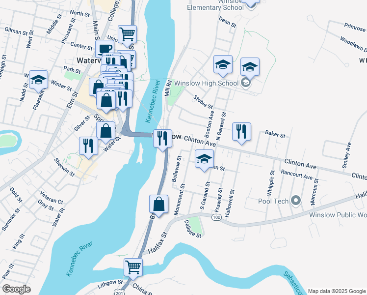 map of restaurants, bars, coffee shops, grocery stores, and more near 21 Clinton Avenue in Winslow